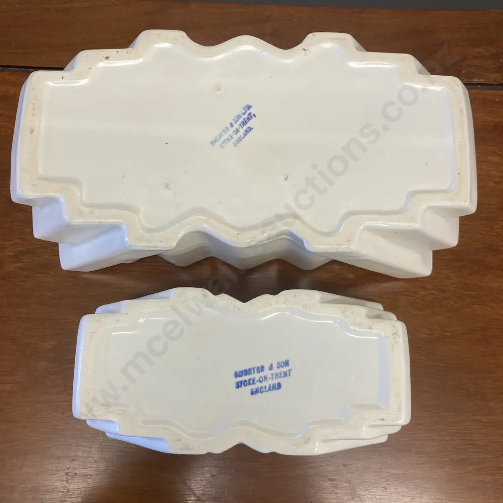 Pair of Shorter and Son Art Deco Geometric White Planters, 1920s-30s. 10 x 26 & 8 X 18cm Image 1++